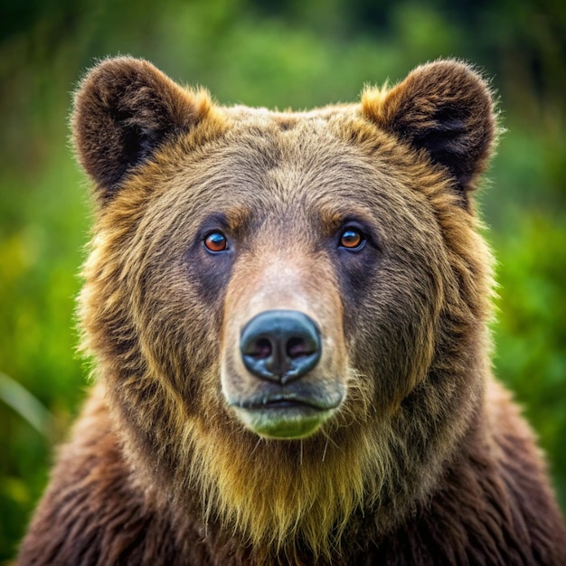 a brown bear is standing in front of some trees