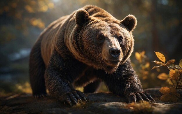 a brown bear is standing on a rock with the sun shining through the trees