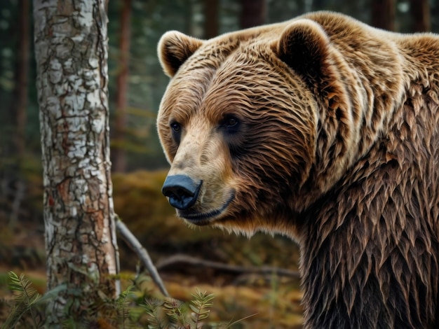 a brown bear is standing in the woods with a tree in the background