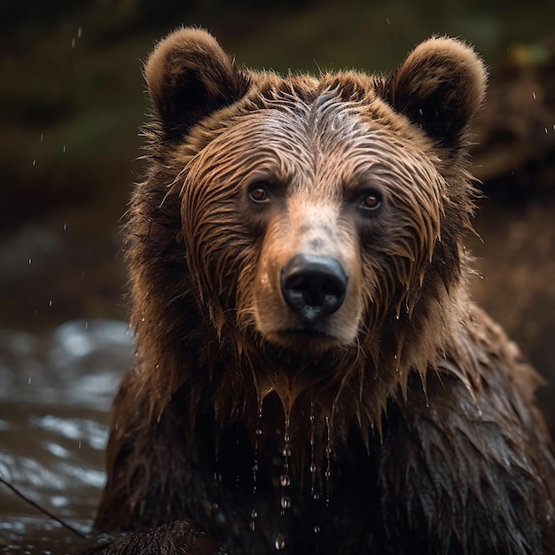 A brown bear is in the water and the water is wet.