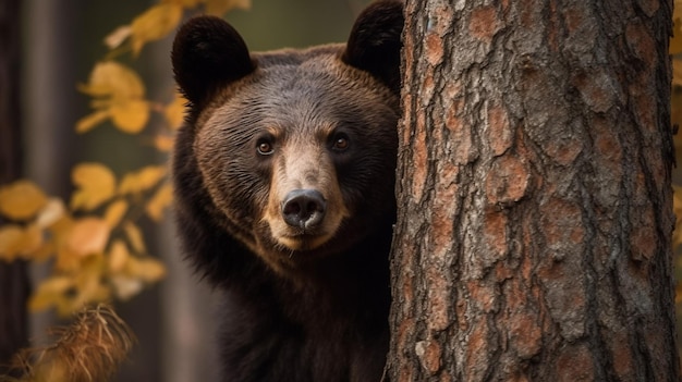 A brown bear looks out from behind a tree.