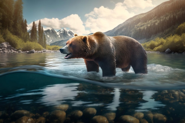 Brown bear in mountain river Generative AI