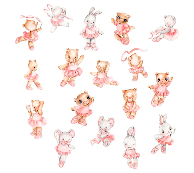 Photo brown bear and mouse ballerina in pink dress dancing mice watercolor