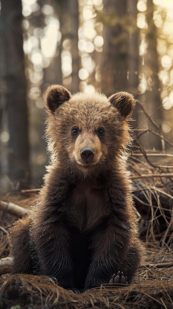 a brown bear sits in a forest with trees in the background