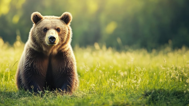 Brown bear sitting in lush green meadow under sunlight