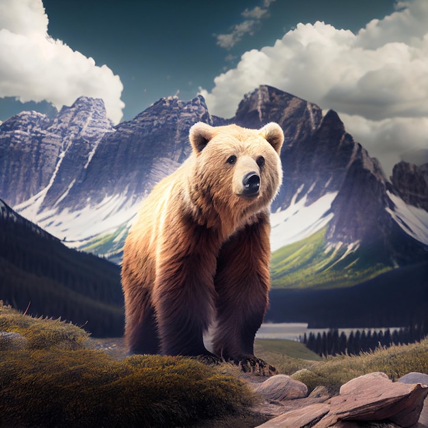 A brown bear stands in a field with mountains in the background.