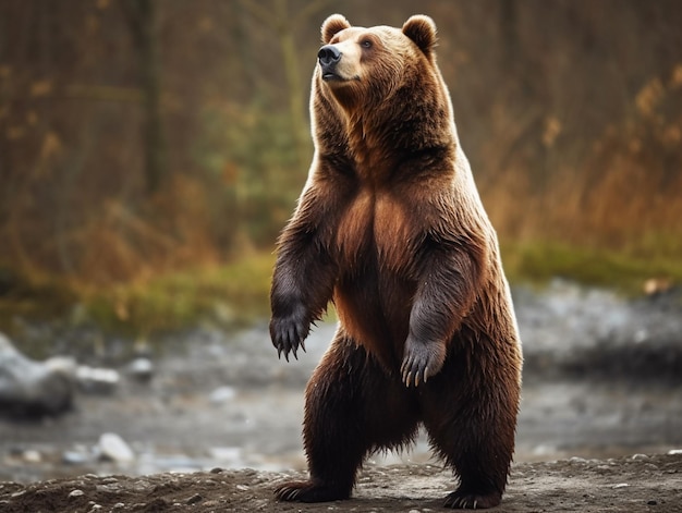 A brown bear stands on its hind legs in front of a forest.