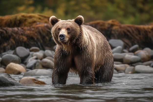 A brown bear stands in a river and looks into the distance.