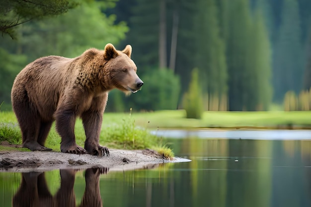 A brown bear stands on the shore of a lake.