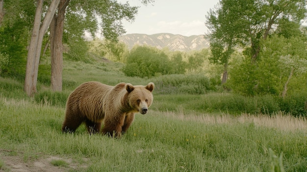 Photo a brown bear stands tall in a grassy forest meadow showcasing its strength and sharp claws while surrounded by blooming wildflowers under soft morning light