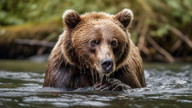 A brown bear swims in a river.