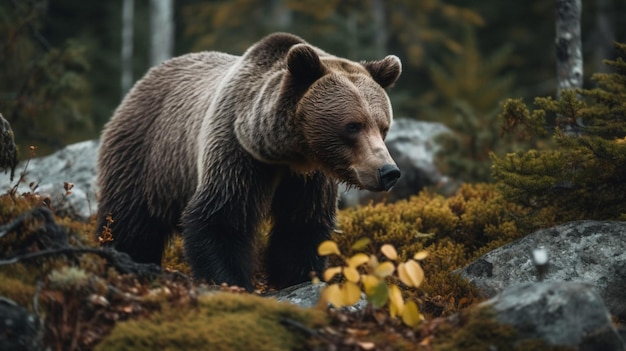 A brown bear walking in a forest