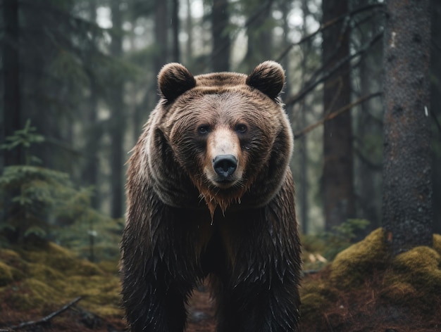 Brown bear walking slowly through the forest