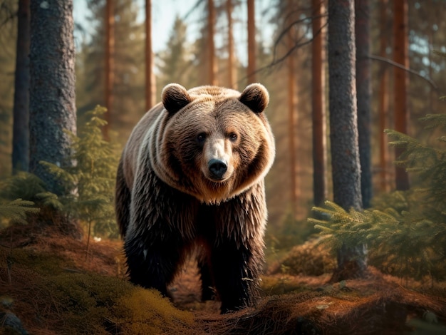 Brown bear walking slowly through the forest