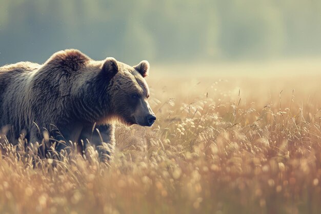 Photo a brown bear walking through a field of tall grass