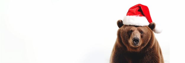 Brown bear wearing a red santa hat isolated on white with space for text closeup portrait of a cute