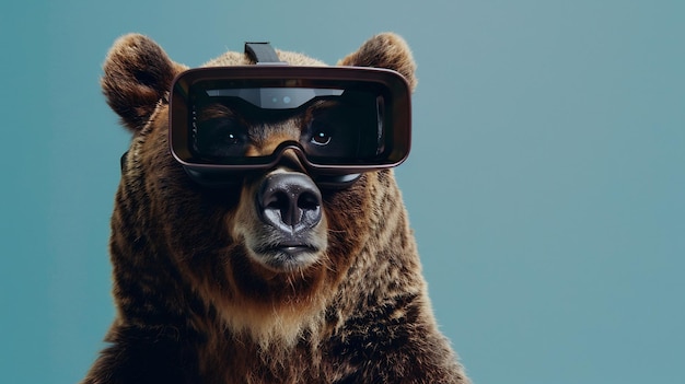 Brown Bear Wearing VR Headset in Front of Blue Background