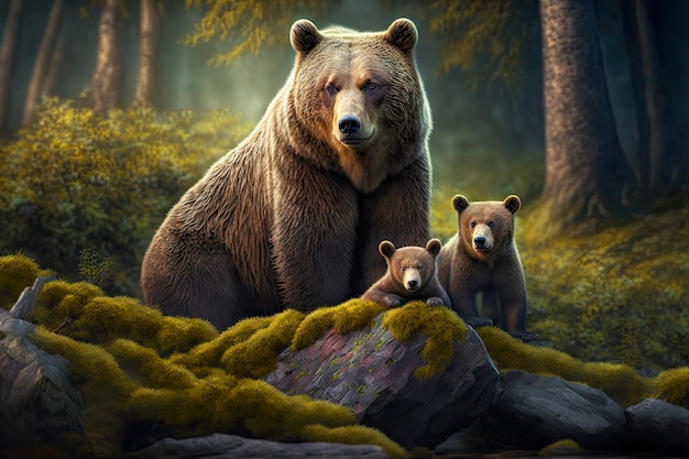 Brown bear with cubs sits on mossy log created with generative ai