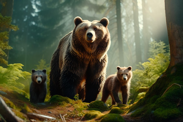 A brown bear with her cubs in a foggy morning forest AI generated