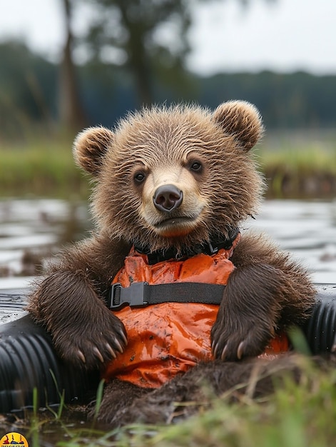 a brown bear with a orange vest is sitting in a pond