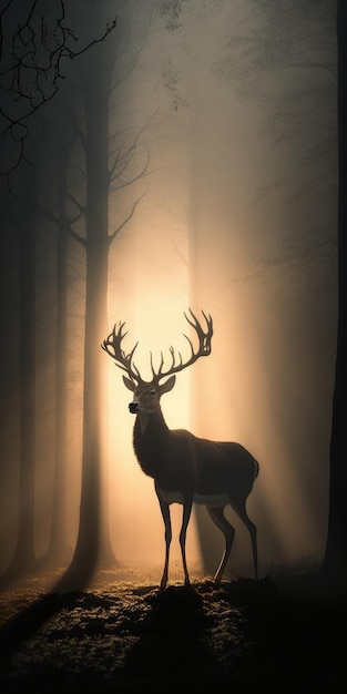 A brown beautiful deer in a dark foggy forest image generative AI