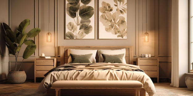 A brown bed in a bedroom with a green flower