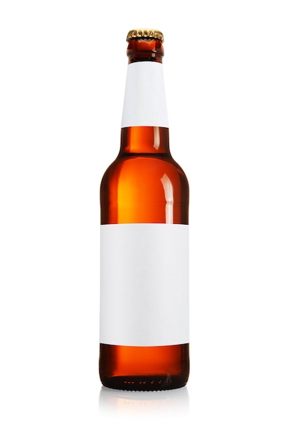 Brown beer bottle with blank label isolated on white background