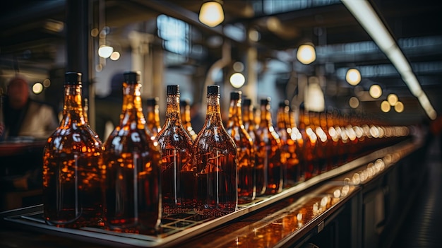 Brown beer bottles on a conveyor belt workers in the background Ideal for illustrating industrial food manufacturing Generative AI