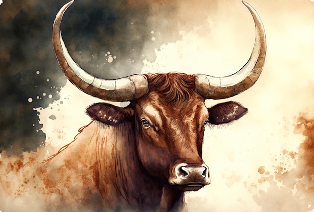 A brown and beige bull with large horns and a nose ring is depicted in watercolor