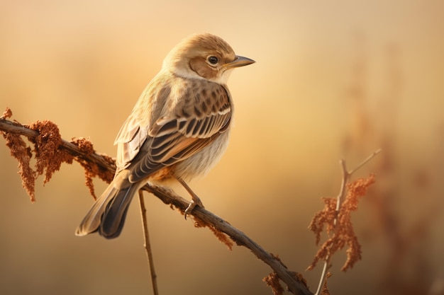 Brown Bird Perched on Branch in Grassy Field Capturing Serene Beauty of Natural Wildlife Habitat