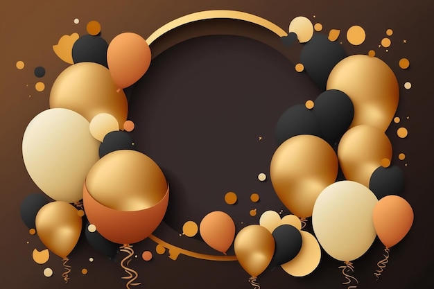 A brown and black background with a gold circle and balloons in the center.