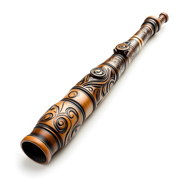 a brown and black flute with a brown design on the top