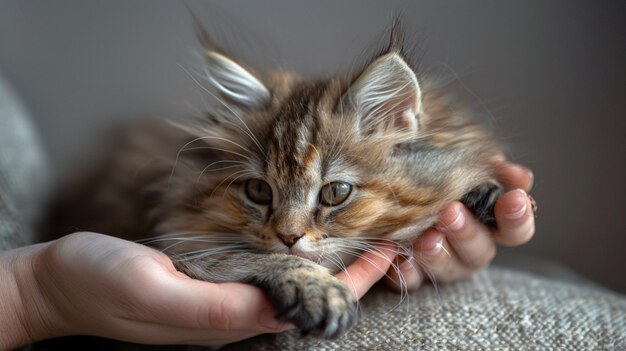 Photo a brown and black kitten with a white face and green eyes