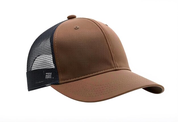 Photo brown and black mesh trucker hat isolated on white background