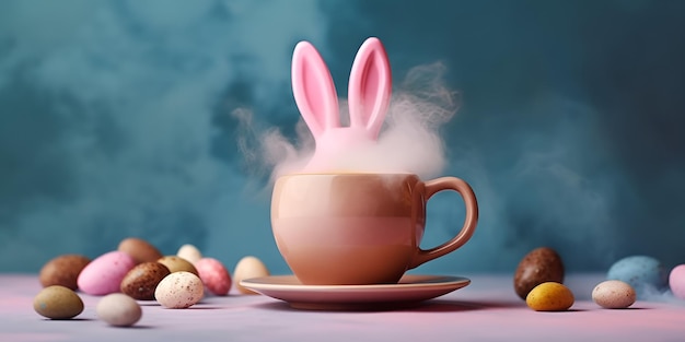 A brown blank mug with handle mockup on a Easter themed backdrop with Colorful Easter Eggs for Easte