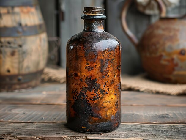 a brown bottle with rust on it sits on a wooden table