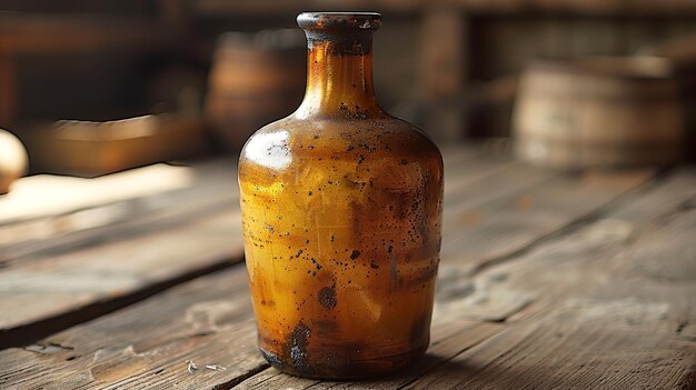 a brown bottle with a yellow top sits on a wooden table