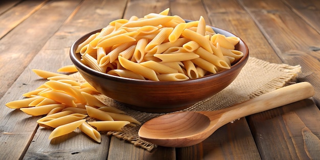 brown bowl filled with tasty yellow italian pasta with scoop on wooden background