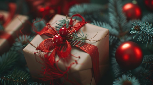 A brown box with a red ribbon and a red ornament on top of it