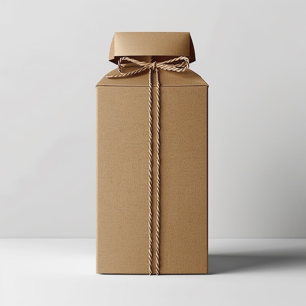 a brown box with a ribbon tied around it is on a white surface