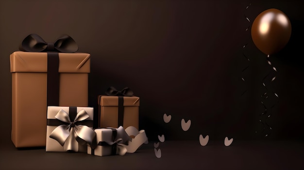 A brown box with a silver ribbon and a silver bow sits next to a bunch of wrapped presents.