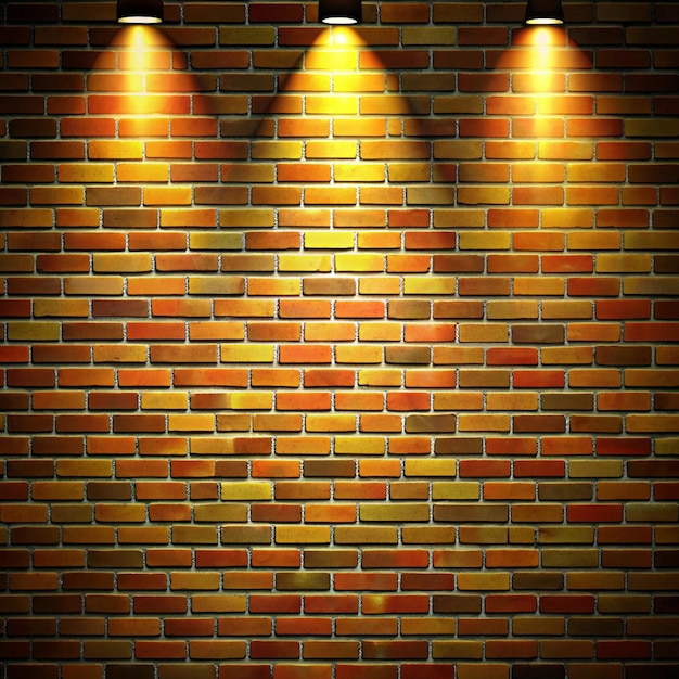 Photo brown brick wall background with spot lighting effect yellow red