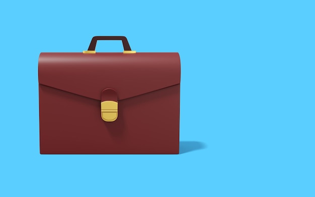 Brown briefcase on blue background Front view Portfolio icon banner with space for text 3D rendering