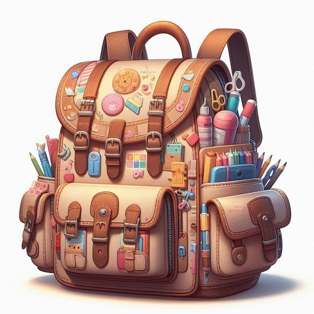 a brown and brown backpack with a picture of a pencil and a pencil