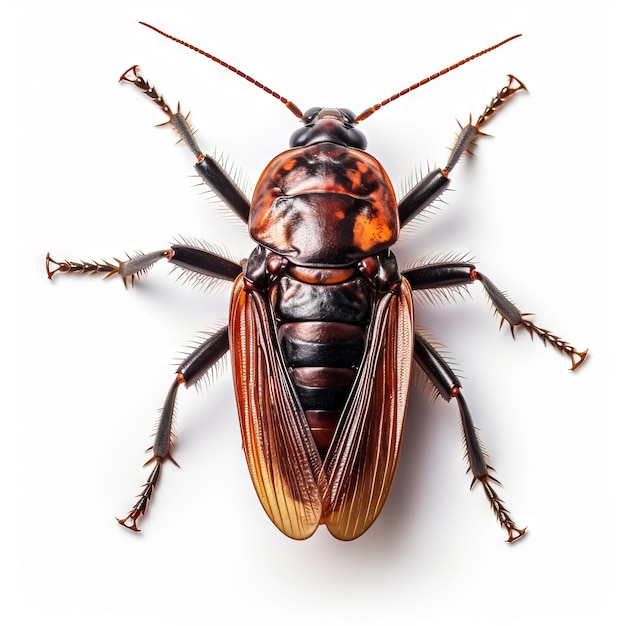 A brown bug with a black face and a red stripe on the bottom.