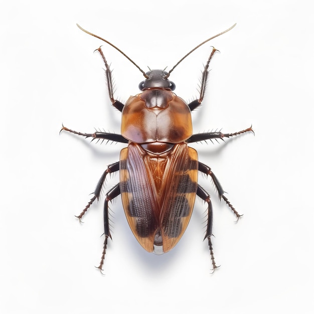 A brown bug with a black stripe on its face is shown on a white background.