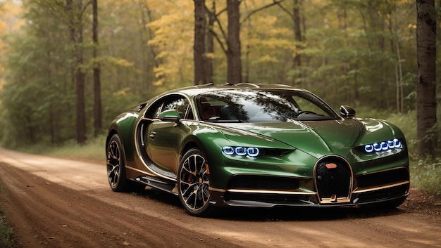 A brown Bugatti Chiron is parked on a dirt road surrounded by trees