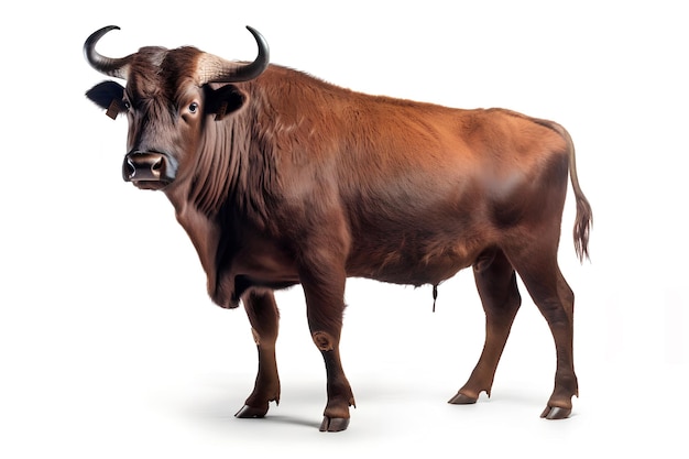 A brown bull with horns and a black nose is standing in front of a white background.