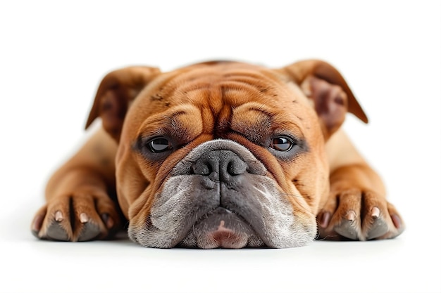 a brown bulldog laying on a white background with a white background