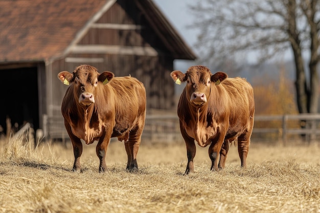 Photo brown bulls standing on the dry grass of the barn